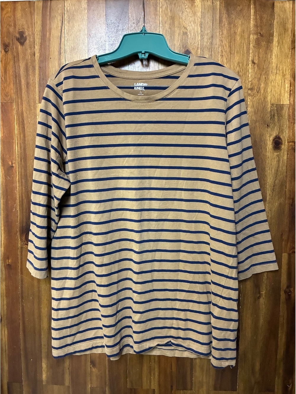 Lands’ End Women’s L Tan Navy Stripe 3/4 Sleeve Cotton Breton Top Preppy